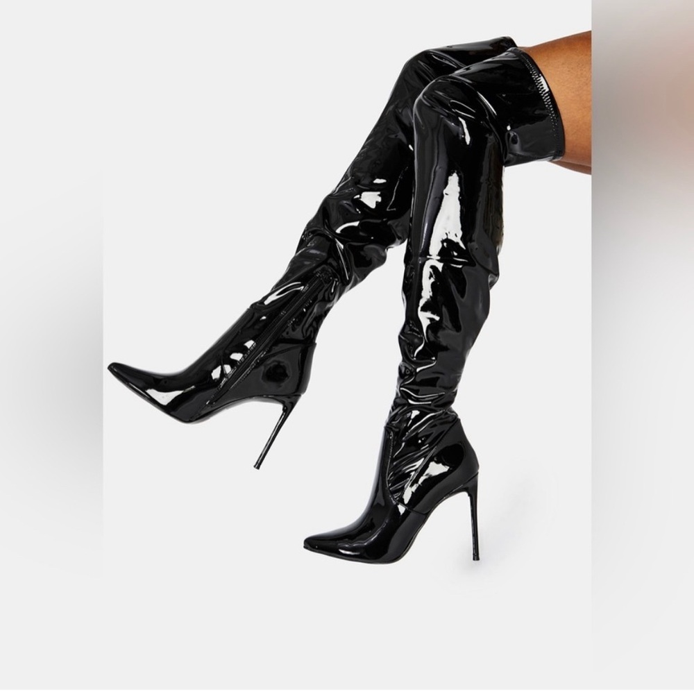 New! Steve Madden Viktory Black Patent Pointed-Toe Over the Knee Boots